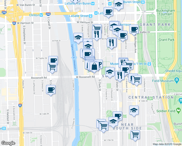 map of restaurants, bars, coffee shops, grocery stores, and more near 150 Roosevelt Road in Chicago