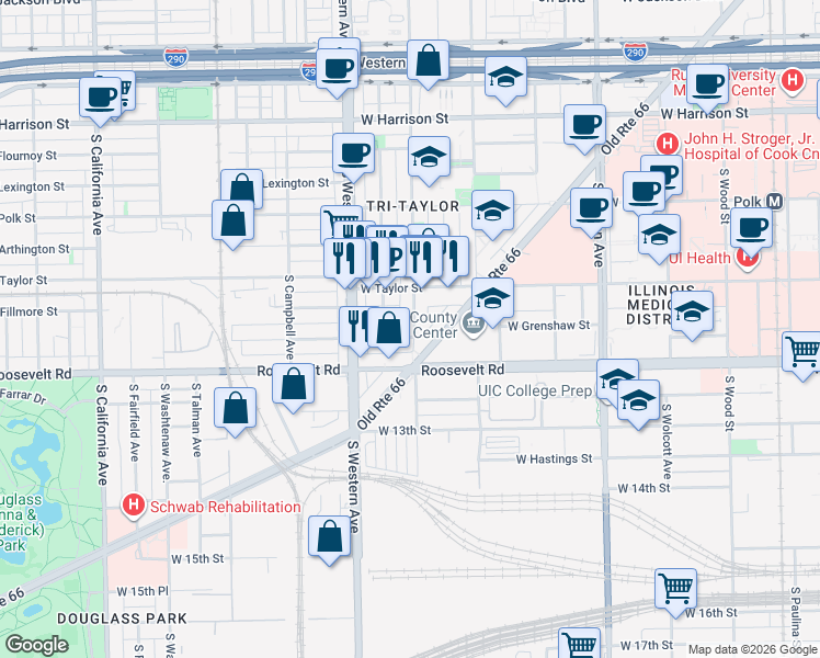 map of restaurants, bars, coffee shops, grocery stores, and more near 1032 South Oakley Boulevard in Chicago