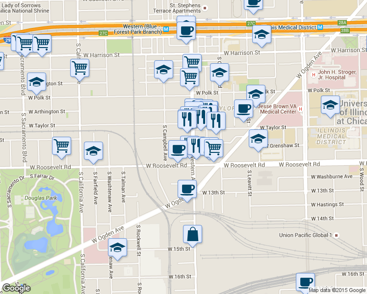 map of restaurants, bars, coffee shops, grocery stores, and more near 2419 West Fillmore Street in Chicago