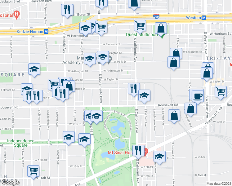 map of restaurants, bars, coffee shops, grocery stores, and more near 1106 South Francisco Avenue in Chicago