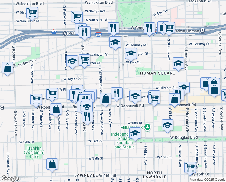 map of restaurants, bars, coffee shops, grocery stores, and more near 3829 West Fillmore Street in Chicago