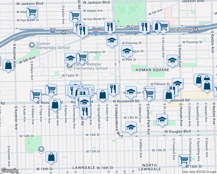 map of restaurants, bars, coffee shops, grocery stores, and more near 3829 West Fillmore Street in Chicago