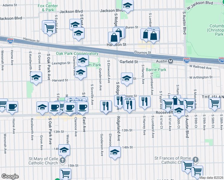 map of restaurants, bars, coffee shops, grocery stores, and more near 1125 South Ridgeland Avenue in Oak Park