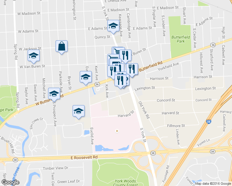 map of restaurants, bars, coffee shops, grocery stores, and more near 172 Mayo Court in Elmhurst