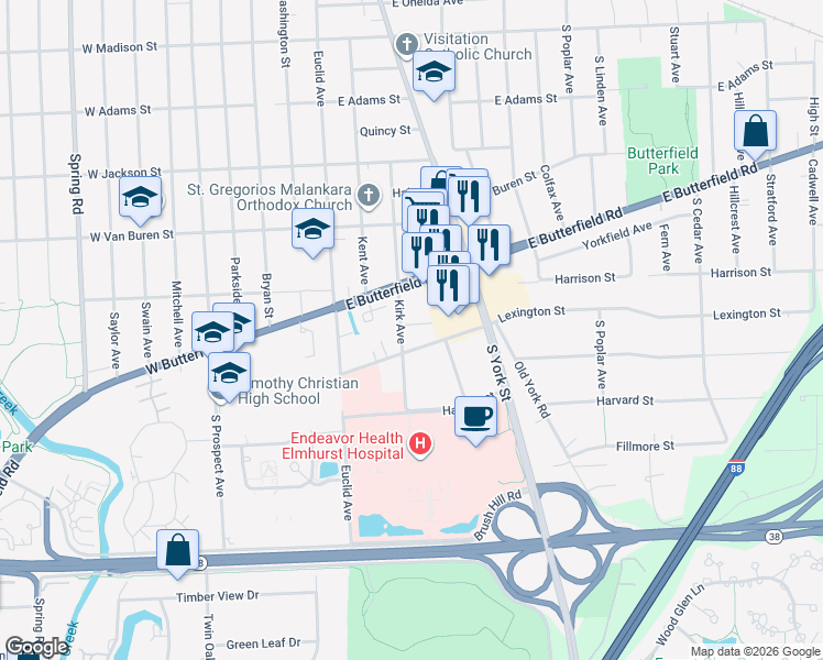 map of restaurants, bars, coffee shops, grocery stores, and more near 172 Mayo Court in Elmhurst