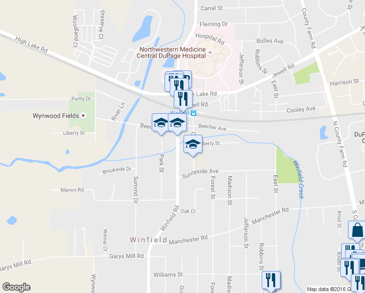 map of restaurants, bars, coffee shops, grocery stores, and more near S211 Winfield Road in Warrenville