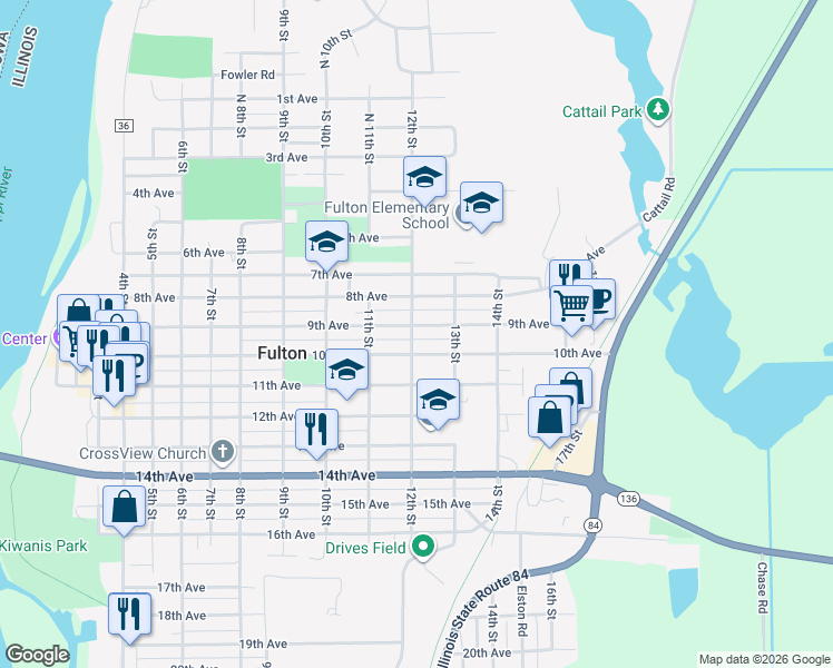 map of restaurants, bars, coffee shops, grocery stores, and more near 911 12th Street in Fulton