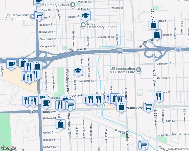 map of restaurants, bars, coffee shops, grocery stores, and more near 800 Suffolk Avenue in Westchester