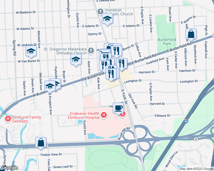 map of restaurants, bars, coffee shops, grocery stores, and more near 172 Mayo Court in Elmhurst