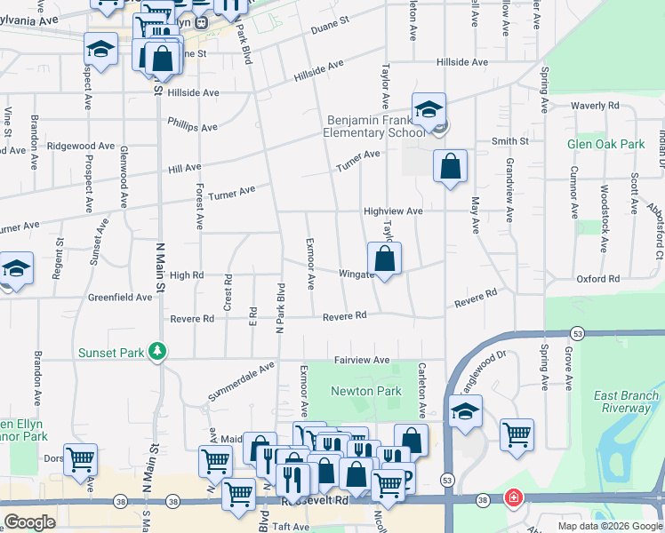 map of restaurants, bars, coffee shops, grocery stores, and more near 237 Exmoor Avenue in Glen Ellyn
