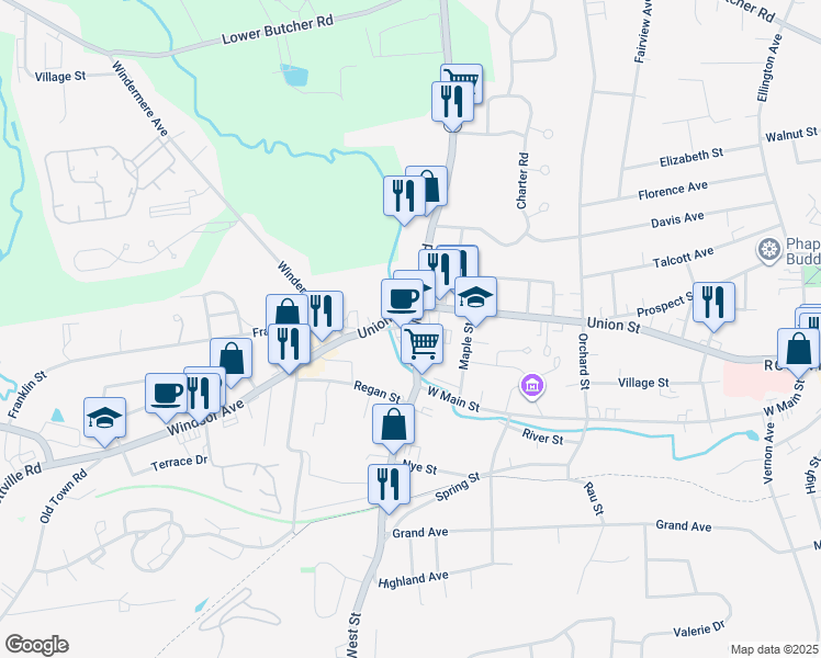map of restaurants, bars, coffee shops, grocery stores, and more near 3 Windsor Avenue in Vernon