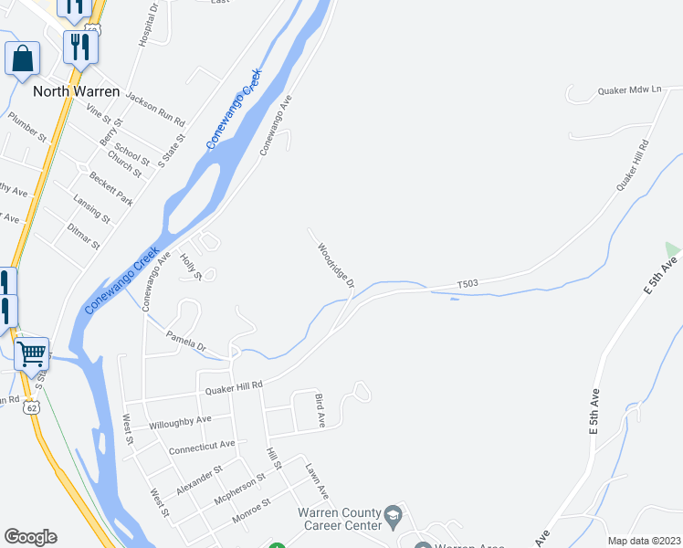 map of restaurants, bars, coffee shops, grocery stores, and more near 99 Woodridge Drive in Warren