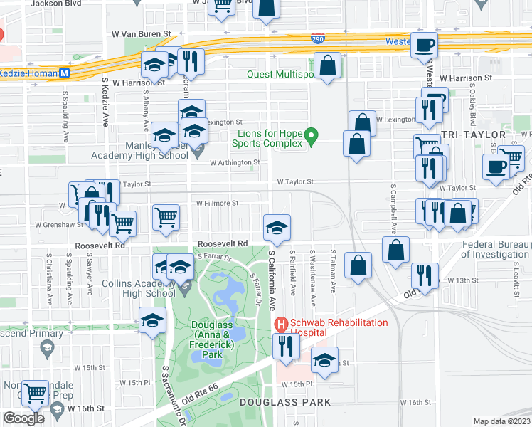 map of restaurants, bars, coffee shops, grocery stores, and more near 1114 South California Avenue in Chicago