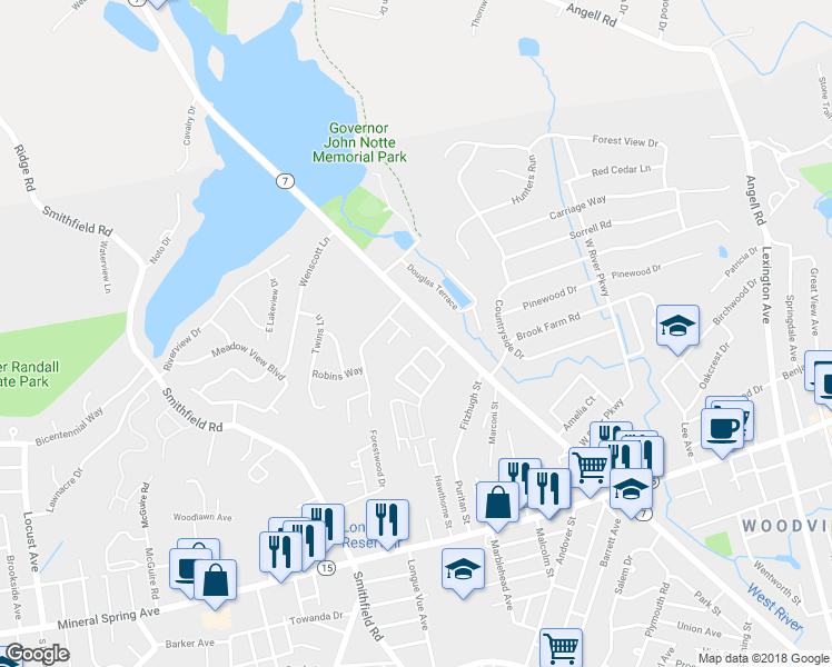 map of restaurants, bars, coffee shops, grocery stores, and more near 96 Woodside Drive in North Providence