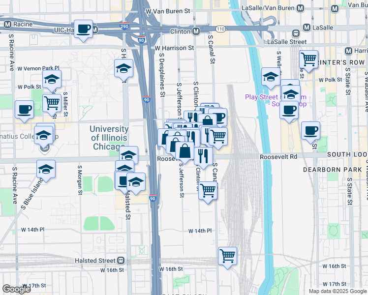 map of restaurants, bars, coffee shops, grocery stores, and more near 1141 South Jefferson Street in Chicago