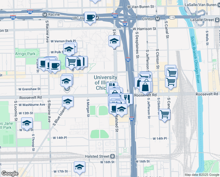 map of restaurants, bars, coffee shops, grocery stores, and more near 1200 West Harrison Street in Chicago