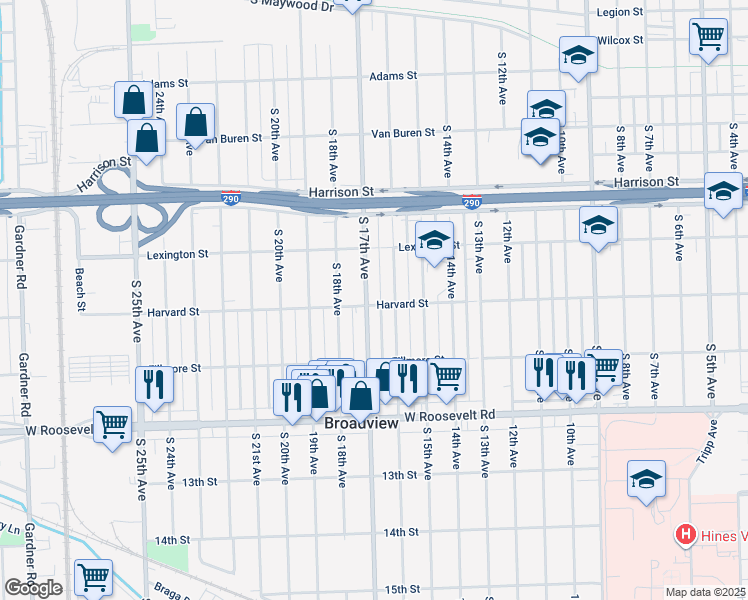 map of restaurants, bars, coffee shops, grocery stores, and more near 1945 South 17th Avenue in Broadview