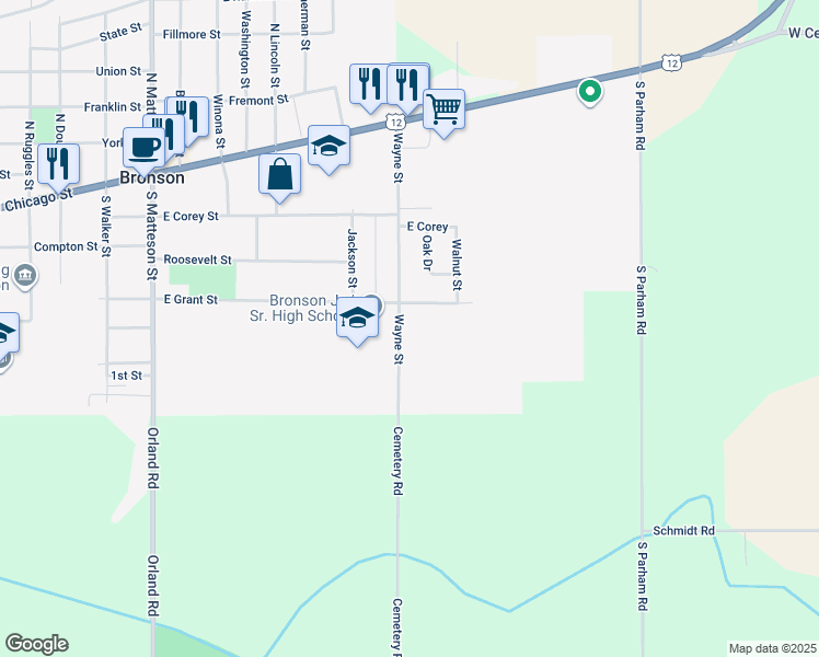 map of restaurants, bars, coffee shops, grocery stores, and more near 415 Wayne Street in Bronson