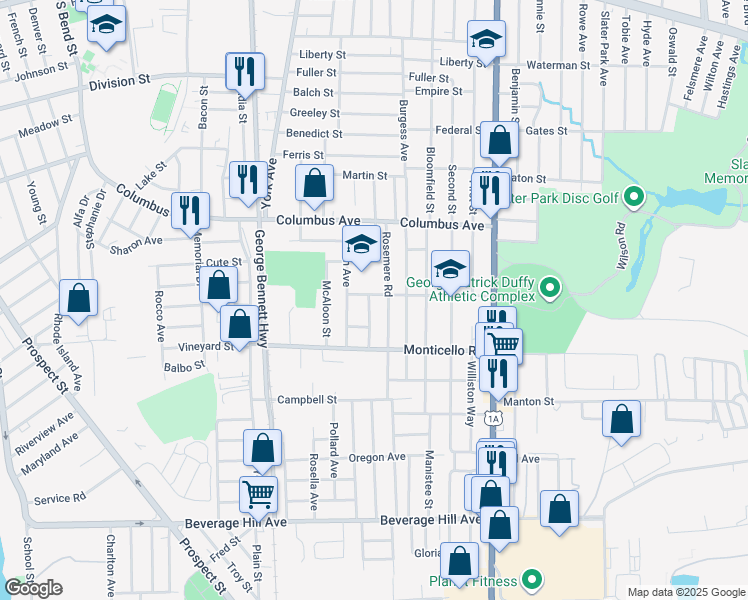 map of restaurants, bars, coffee shops, grocery stores, and more near 2 Cedarcrest Drive in Pawtucket