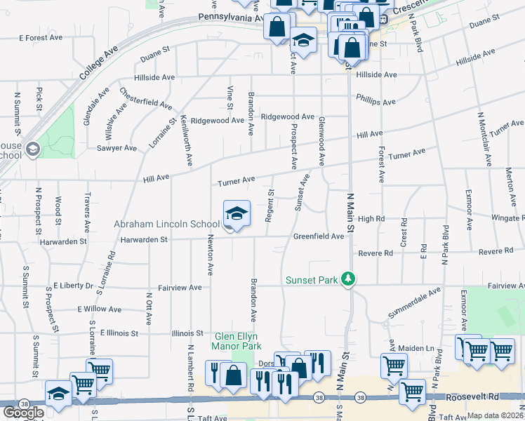 map of restaurants, bars, coffee shops, grocery stores, and more near 232 Regent Street in Glen Ellyn