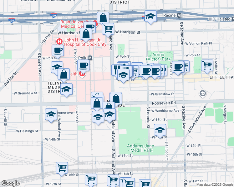 map of restaurants, bars, coffee shops, grocery stores, and more near 1111 South Ashland Avenue in Chicago