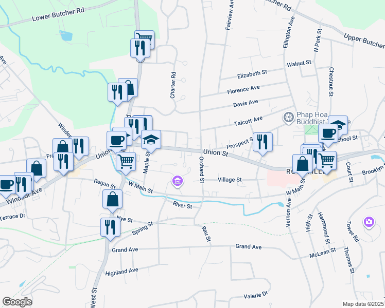 map of restaurants, bars, coffee shops, grocery stores, and more near 135 Union Street in Vernon