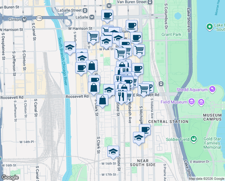 map of restaurants, bars, coffee shops, grocery stores, and more near 1163 South Plymouth Court in Chicago