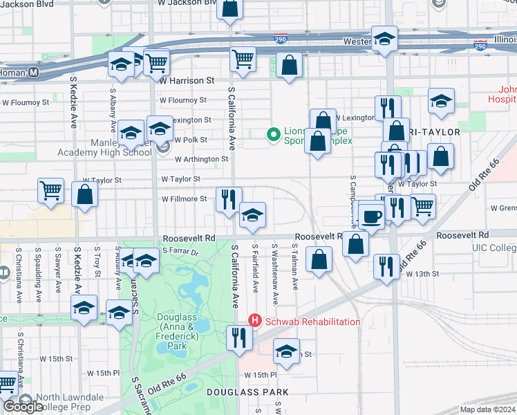 map of restaurants, bars, coffee shops, grocery stores, and more near 1117 South Fairfield Avenue in Chicago