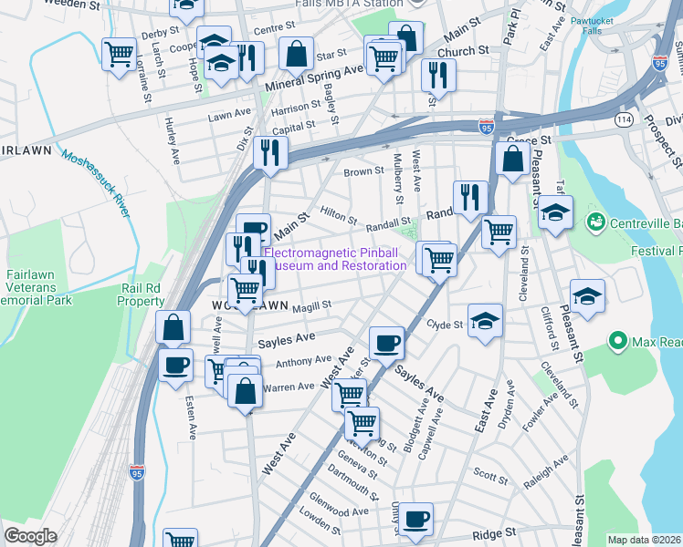 map of restaurants, bars, coffee shops, grocery stores, and more near 152 Sterry Street in Pawtucket