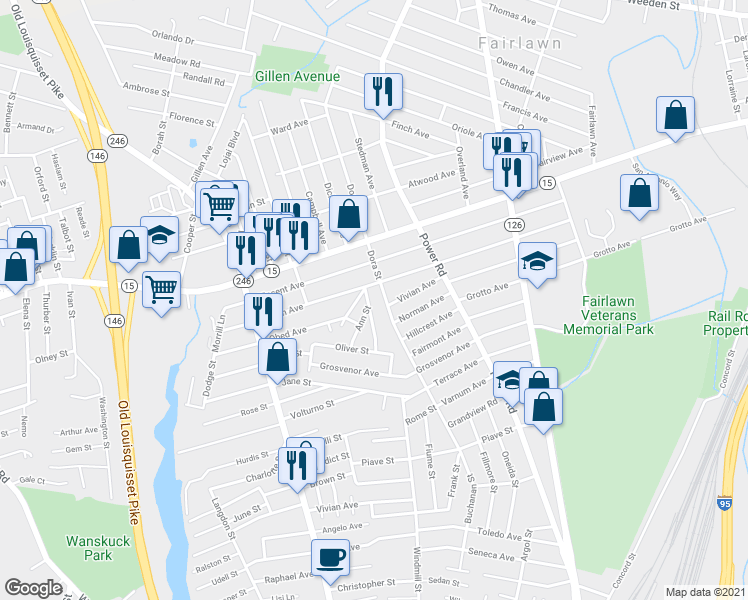 map of restaurants, bars, coffee shops, grocery stores, and more near 65 Dora Street in Pawtucket