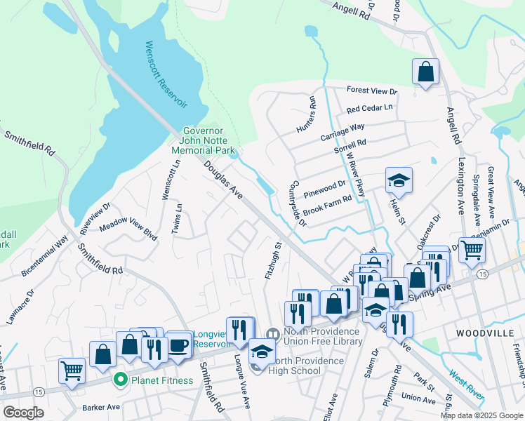 map of restaurants, bars, coffee shops, grocery stores, and more near in North Providence