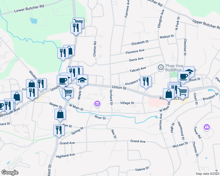 map of restaurants, bars, coffee shops, grocery stores, and more near 135 Union Street in Vernon