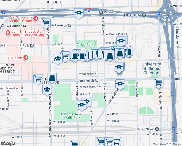 map of restaurants, bars, coffee shops, grocery stores, and more near 1122 South Lytle Street in Chicago