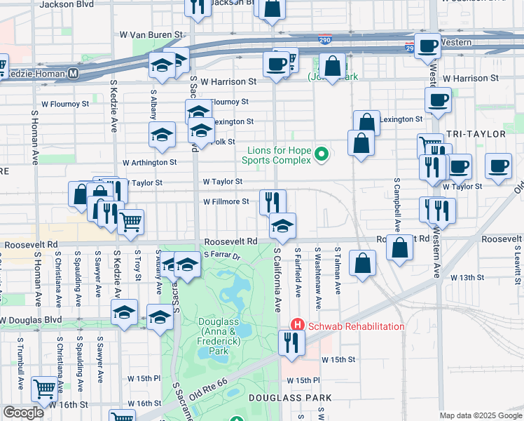 map of restaurants, bars, coffee shops, grocery stores, and more near 1110 South Mozart Street in Chicago