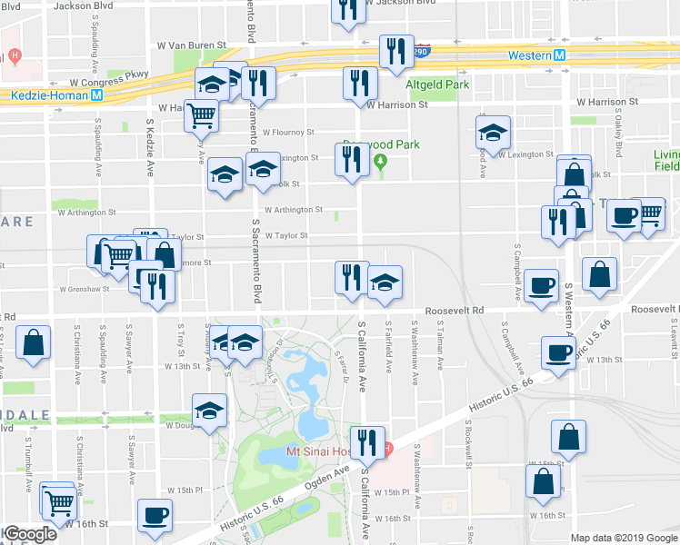 map of restaurants, bars, coffee shops, grocery stores, and more near 1110 South Mozart Street in Chicago