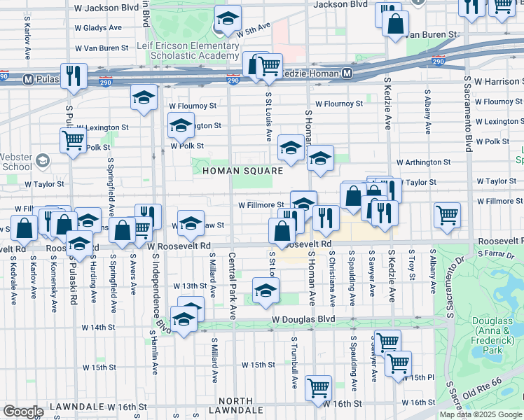 map of restaurants, bars, coffee shops, grocery stores, and more near 3519 West Fillmore Street in Chicago