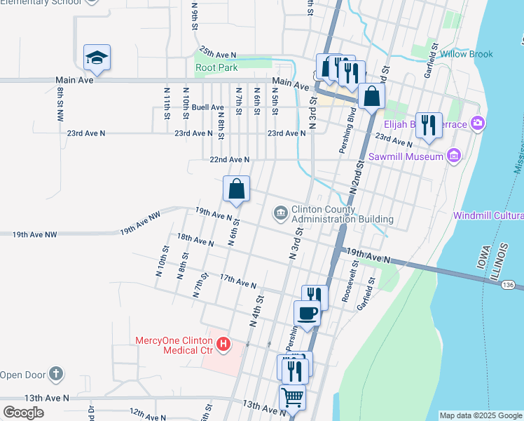 map of restaurants, bars, coffee shops, grocery stores, and more near 1915 North 6th Street in Clinton