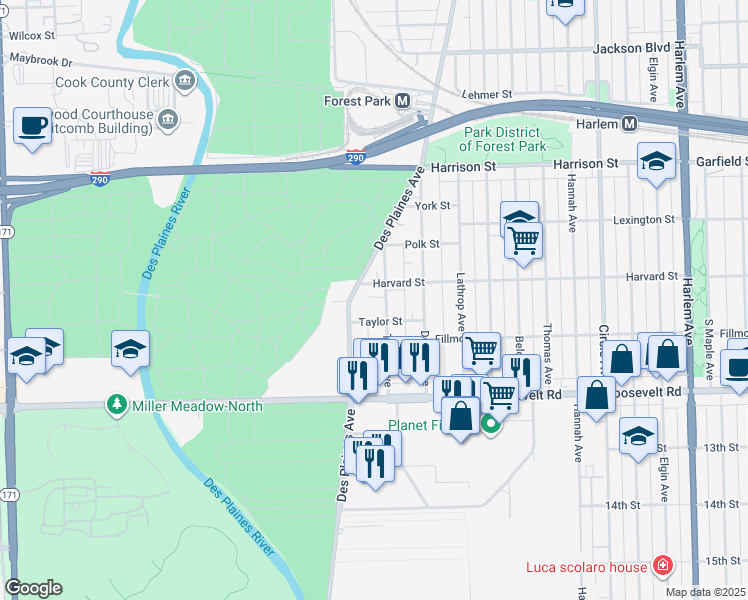 map of restaurants, bars, coffee shops, grocery stores, and more near 1015 Troost Avenue in Forest Park