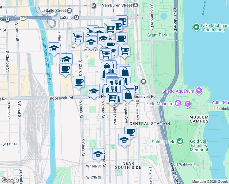 map of restaurants, bars, coffee shops, grocery stores, and more near in Chicago
