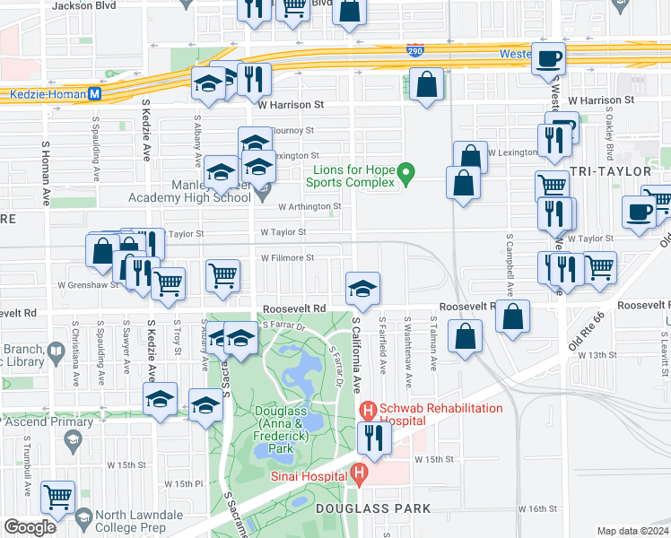 map of restaurants, bars, coffee shops, grocery stores, and more near 1113 South Mozart Street in Chicago