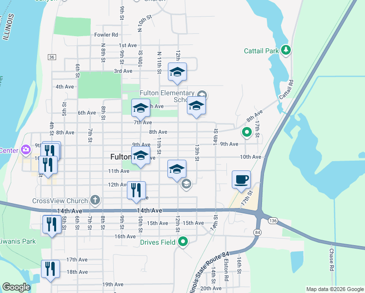 map of restaurants, bars, coffee shops, grocery stores, and more near 911 12th Street in Fulton