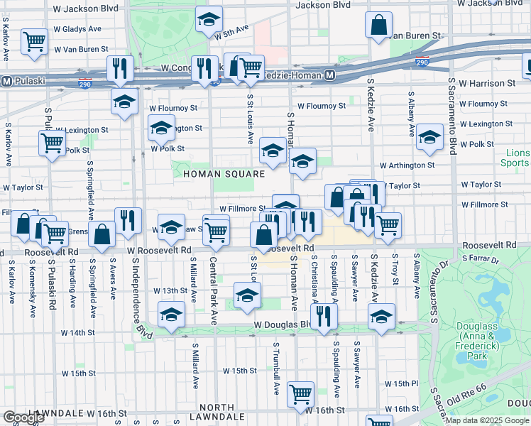 map of restaurants, bars, coffee shops, grocery stores, and more near 3427 West Fillmore Street in Chicago