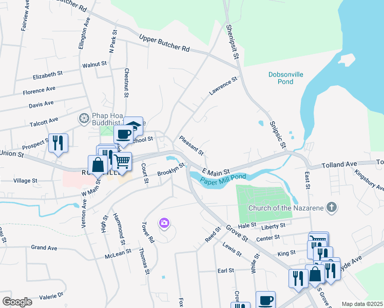 map of restaurants, bars, coffee shops, grocery stores, and more near 16 Pleasant Street in Vernon