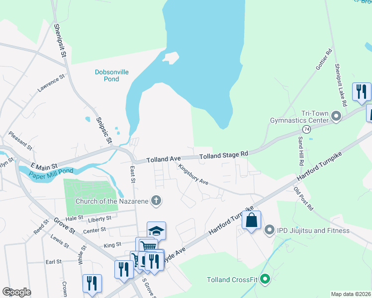 map of restaurants, bars, coffee shops, grocery stores, and more near 33 Tolland Avenue in Vernon