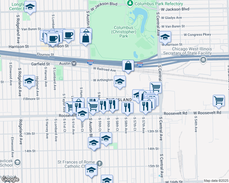 map of restaurants, bars, coffee shops, grocery stores, and more near 1040 South Monitor Avenue in Chicago