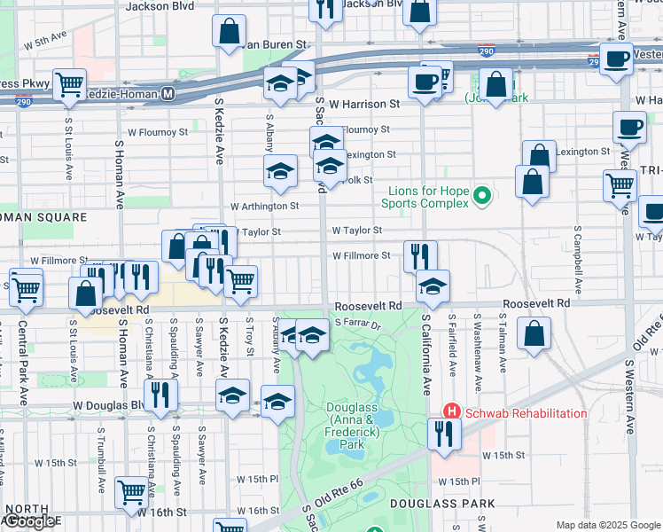 map of restaurants, bars, coffee shops, grocery stores, and more near 1109 South Sacramento Boulevard in Chicago