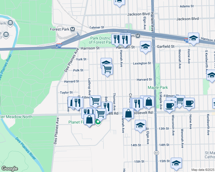 map of restaurants, bars, coffee shops, grocery stores, and more near 1014 Beloit Avenue in Forest Park