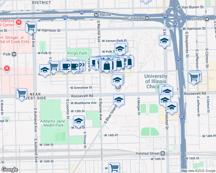 map of restaurants, bars, coffee shops, grocery stores, and more near 1110 South May Street in Chicago
