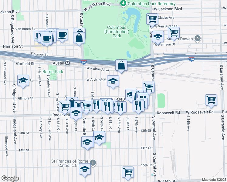 map of restaurants, bars, coffee shops, grocery stores, and more near 1045 South Monitor Avenue in Chicago