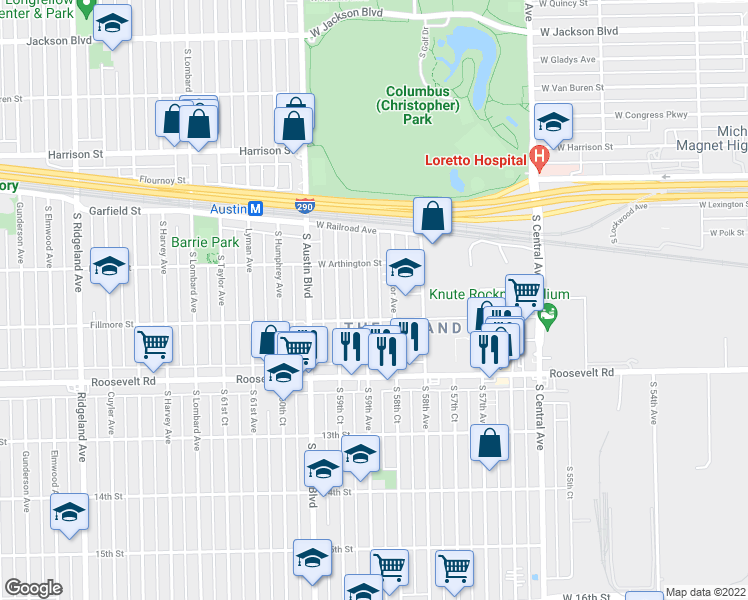map of restaurants, bars, coffee shops, grocery stores, and more near 1041 South Mayfield Avenue in Chicago